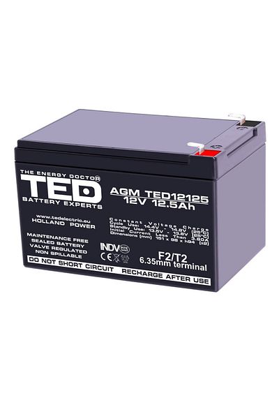 TED Electric Baterie reîncărcabilă F2/T2 12V staționară VRLA 12.5Ah AGM, dimensiuni 151x98x94 mm, TED12125