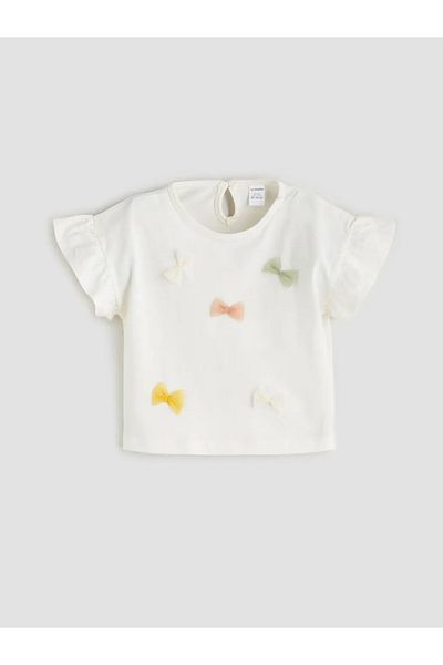 LC Waikiki Lcw Kids Ecru Crew Neck Bow Detail Girls T-Shirt and Shorts