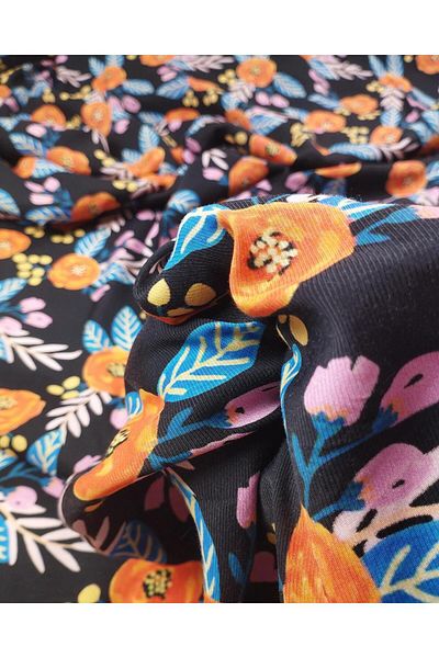 Kumaş Parça Woven on Black with Pink Orange Colors Width: 145