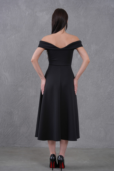 bayansepeti Women's Stretchy Diver Fabric Kiss Collar Midi Length Flared Cutout Black Evening Dress 77128