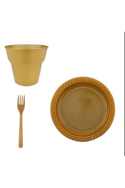 PartAntalya Gold Plate, Cup and Fork Set for 25 People