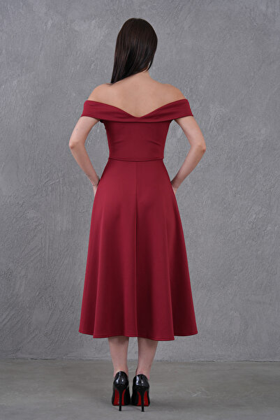bayansepeti Women's Stretchy Diver Fabric Kiss Collar Midi Length Flared Cut Burgundy Evening Dress 77128