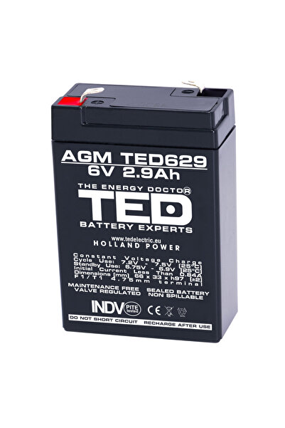 TED Electric Baterie reîncărcabilă F1/T1 6V staționară VRLA 2.9Ah AGM, dimensiuni 66x33x97 mm, TED Electric TED629