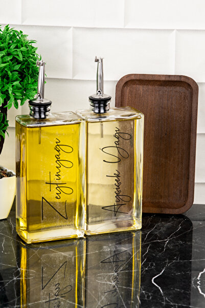 DNS HOME 2-Piece Luxury 500ml Oil Pot with Wooden Stand Silver Cover Glass Oil Pot Sunflower Oil Olive Oil Sauce Bowl Vinegar Bowl