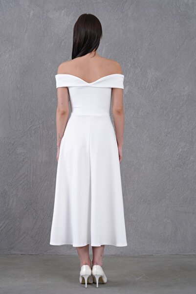 bayansepeti Γυναικείο ελαστικό ύφασμα κατάδυσης με γιακά μίντι μήκους λευκό βραδινό φόρεμα 77128