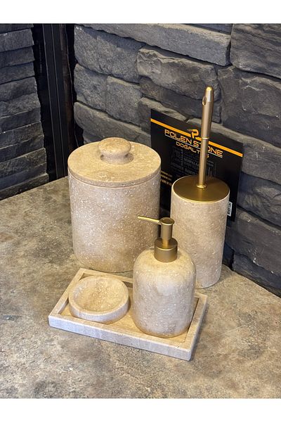 Polen Stone طقم حمام من الحجر الطبيعي الترافرتين مكون من خمس قطع – حجر بولين