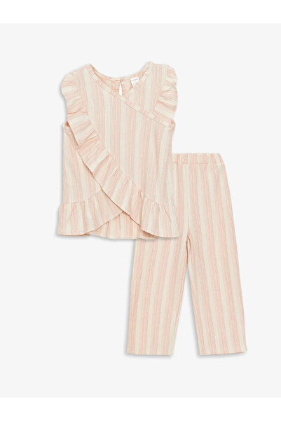 LC Waikiki Lcw Kids Ecru Crew Neck Sleeveless Striped Baby Girl Blouse and Leggings 2-Piece Set