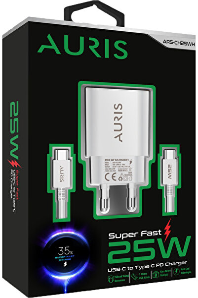 Auris CH25 25W USB-C Hızlı Şarj Cihazı ve Type-C – Type-C Kablo Seti Super Fast Beyaz