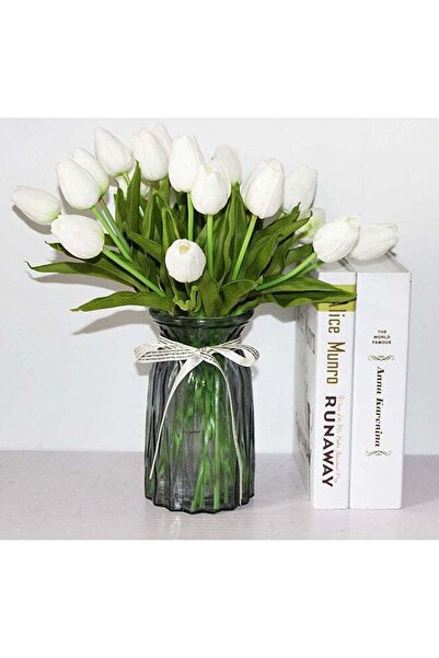 MASTON 10 قطع من زهور توليب صناعية بيضاء/خضراء 25 سم