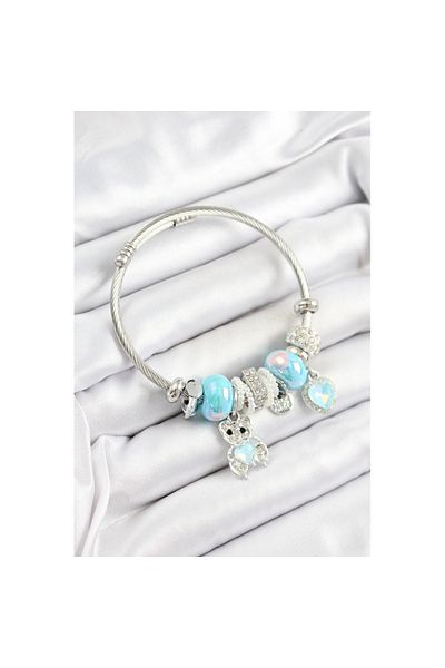 Skygo 316L Steel Blue Zircon Stone Teddy Bear and Heart Model Silver Color Charm Bracelet - Tj-Bb7253