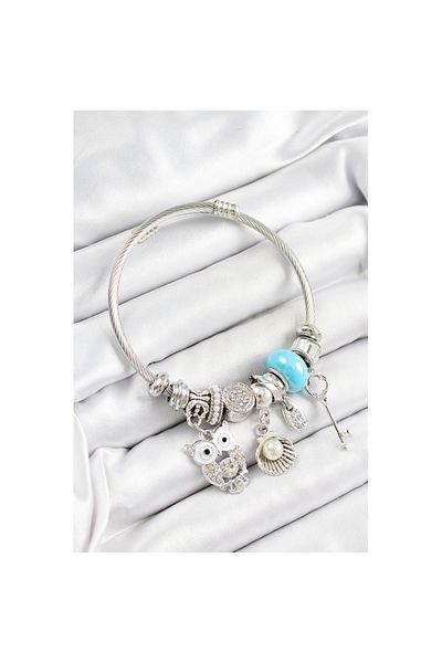 Skygo 316L Steel Blue Zircon Stone Owl Oyster and Key Model Silver Color Charm Bracelet - Tj-Bb7256