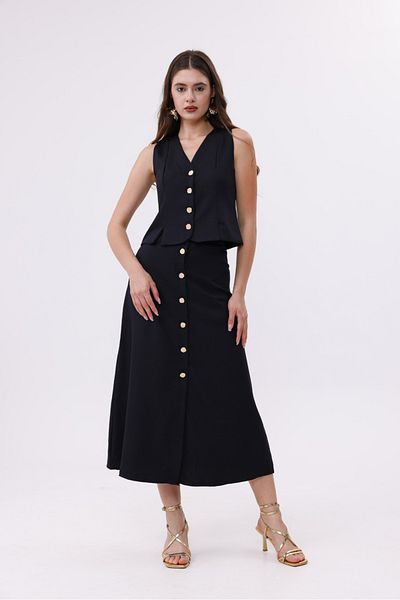 H&A İSTANBUL Women's Black Gold Button Double Suit Crop Lined Vest & High Waist Skirt