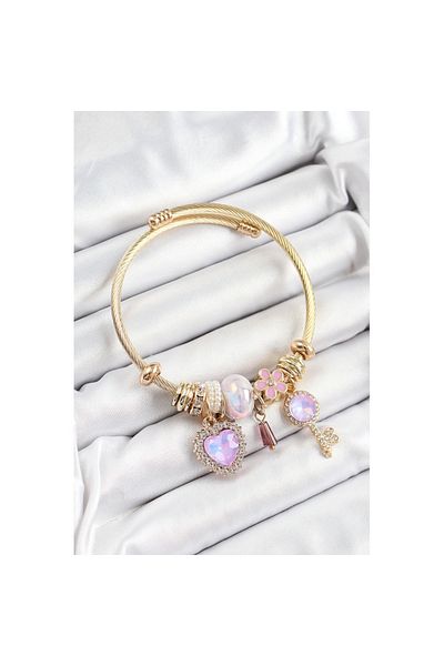 Skygo 316L Steel Purple Zircon Stone Key and Heart Model Gold Color Charm Bracelet - Tj-Bb7320