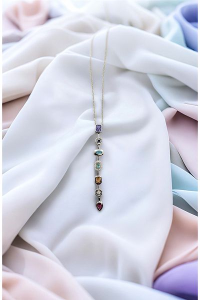 MR Colorful Zircon Stone Y Model Steel Necklace