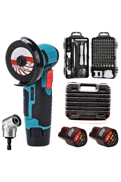 Generic Set Polizor Unghiular 76mm cu 2 Acumulatori 12V, Set Surubelnite 115, Adaptor Unghiular Bormasina