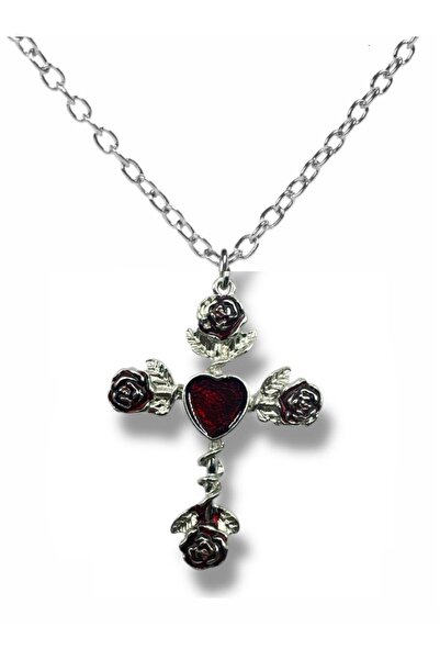Herşey Nota Kırmızı Güllü Gotik Haç Figürlü Unisex Kolye – 60 cm Zincirli, Ro...