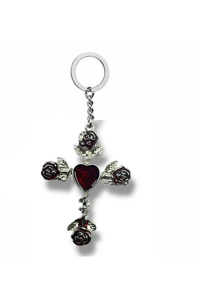 Herşey Nota Unisex Keychain with Gothic Cross Figure with Red Roses – Passionate, Dark and Meaningful Style