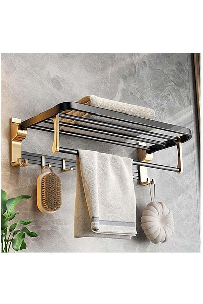 COOYA Foldable Towel Rack with Shelf and Hooks,Wall Mounted Towel Hanger for Restroom,Closets,50cm