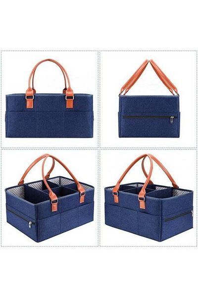 COOYA Baby Diaper Caddy Bag With Zipper Lid And Leather Handle Dark Blue