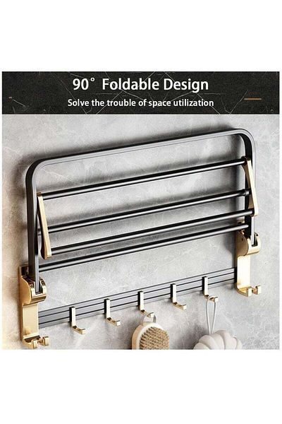 COOYA Foldable Towel Rack with Shelf and Hooks,Wall Mounted Towel Hanger for Restroom,Closets,50cm