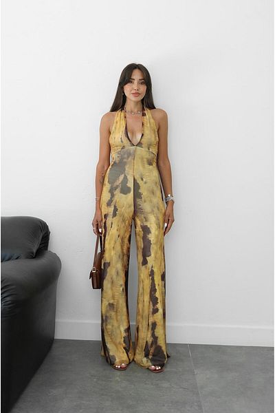 Havoş Yellow Low-Cut Halter Jumpsuit