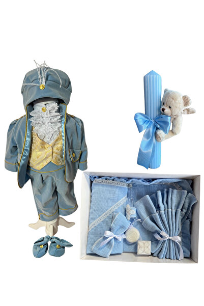 Botez cu Alina Set botez Royal -blue regal cu trusou muselina si lumanare str...