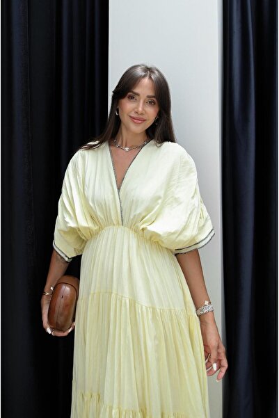 Havoş Yellow Contrast Pleated Long Dress