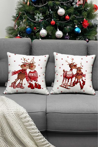 Pillow Dream New Year Themed Red and White Snowflake Deer Visual 4-Piece Sofa Pillow Throw Pillow Cover Set