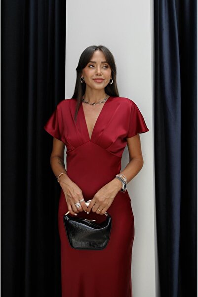 Havoş Burgundy V-Neck Satin Dress