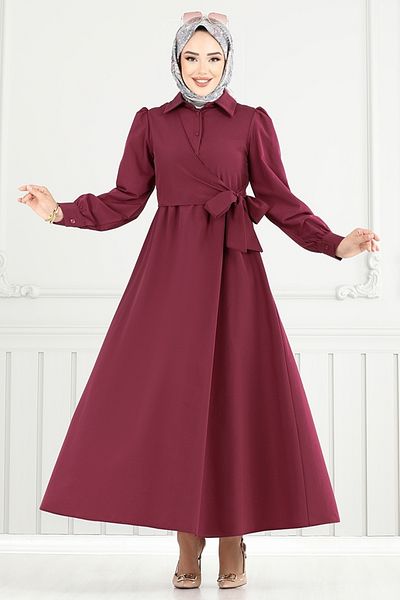 ModaMerve Side Lace Hijab Dress 3348Cr1137-M Light Burgundy