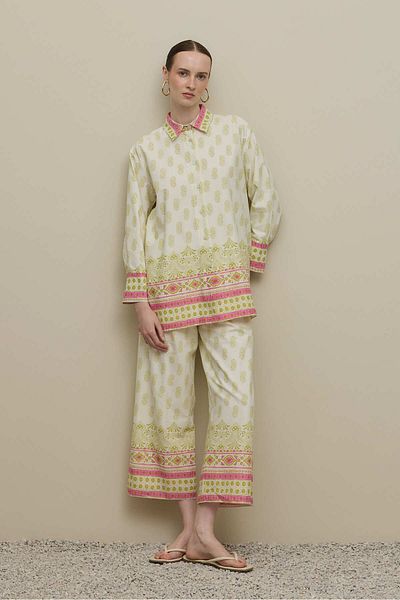 Fahhar Shawl Pattern Trousers Set Green
