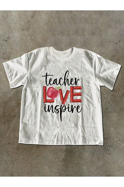 ELNOYA Unisex Cotton White Oversize "Teacher Love Inspire" Printed Crew Neck Comfortable T-Shirt