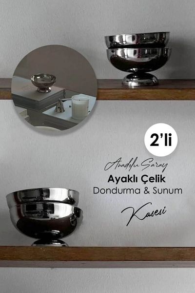 Anadolu Saray 2' Pcs 11cm Large Size Steel Ice Cream Presentation Bowl Footed Round Ice Cream Bowl Turkish Delight Bowl Snack Bowl