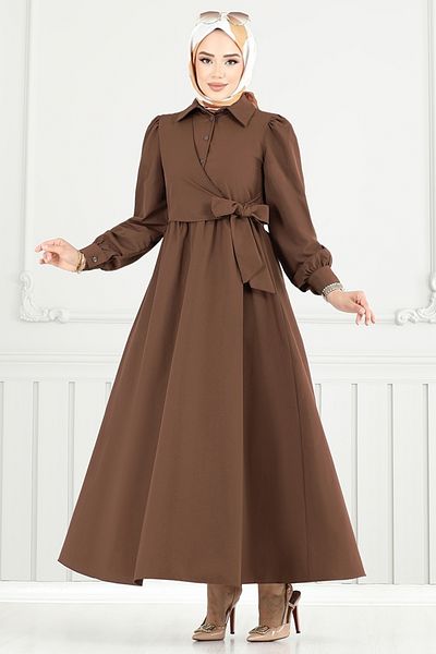 ModaMerve Side Lace Hijab Dress 3348Cr1137-M Dark Brown