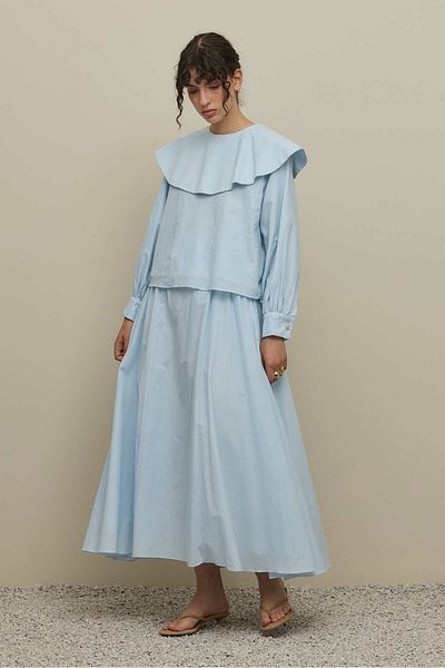 Fahhar Voile Skirt Suit with Flounce Collar Light Blue