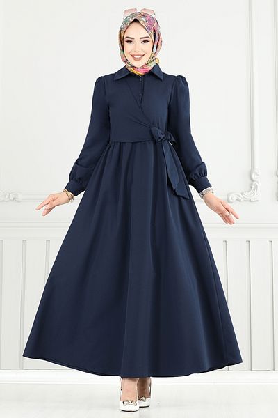 ModaMerve Side Lace Hijab Dress 3348Cr1137-M Dark Navy