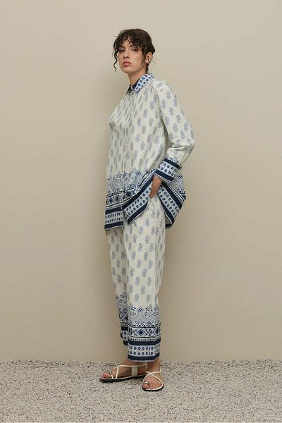 Fahhar Shawl Pattern Trouser Suit Blue