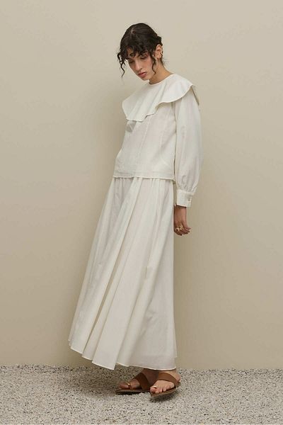 Fahhar Voile Skirt Suit with Flounce Collar Ecru