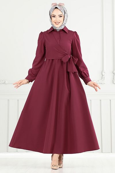 ModaMerve Side Lace Hijab Dress 3348Cr1137-M Light Burgundy