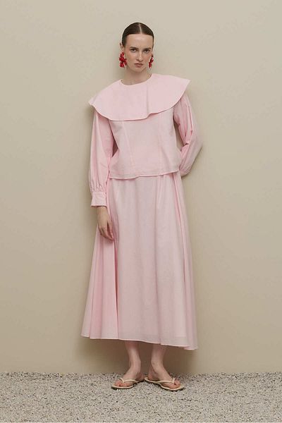 Fahhar Volan Collar Voile Skirt Suit Pink