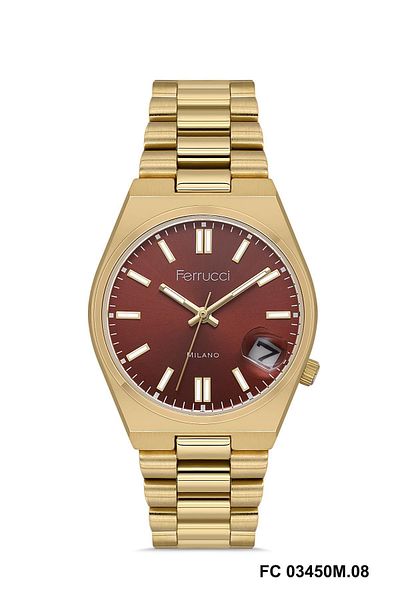 Ferrucci Red Dial Gold Color Metal Band Unisex Wrist Watch with Calendar