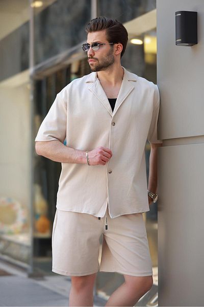 Madmext Beige Basic Men's Shorts Shirt Suit E7311