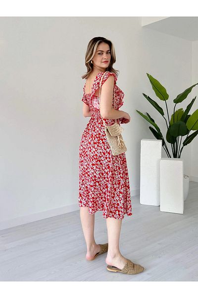 Dks Life Square Neck Floral Pattern Midi Length Viscose Dress with Gipsey Back, Elastic Waist and Lace-Up