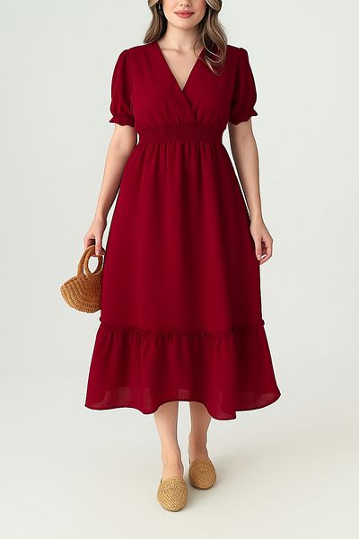 MILANOFOX Women's Burgundy Double Breasted Collar Gipeli Muslin Dress - Short Sleeve Summer Casual Midi Dress