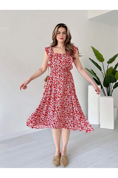 Dks Life Square Neck Floral Pattern Midi Length Viscose Dress with Gipsey Back, Elastic Waist and Lace-Up