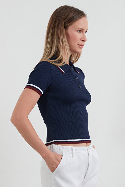 Fulla Moda Πλεκτή μπλούζα με ριγέ κοτσίδα πόλο