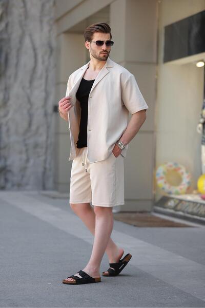 Madmext Beige Basic Men's Shorts Shirt Suit E7311
