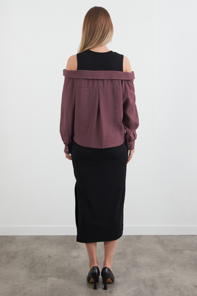 Fulla Moda Basic Gömlek Detaylı Yırtmaçlı Elbise