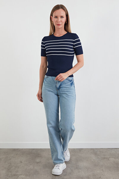 Fulla Moda Μπλούζα πλεκτή με ριγέ κορδόνι με λαιμόκοψη