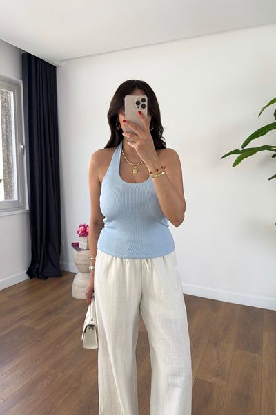 BİRCANÇİL Rox Baby Blue Ribbed Undershirt with Neck Strap Detail